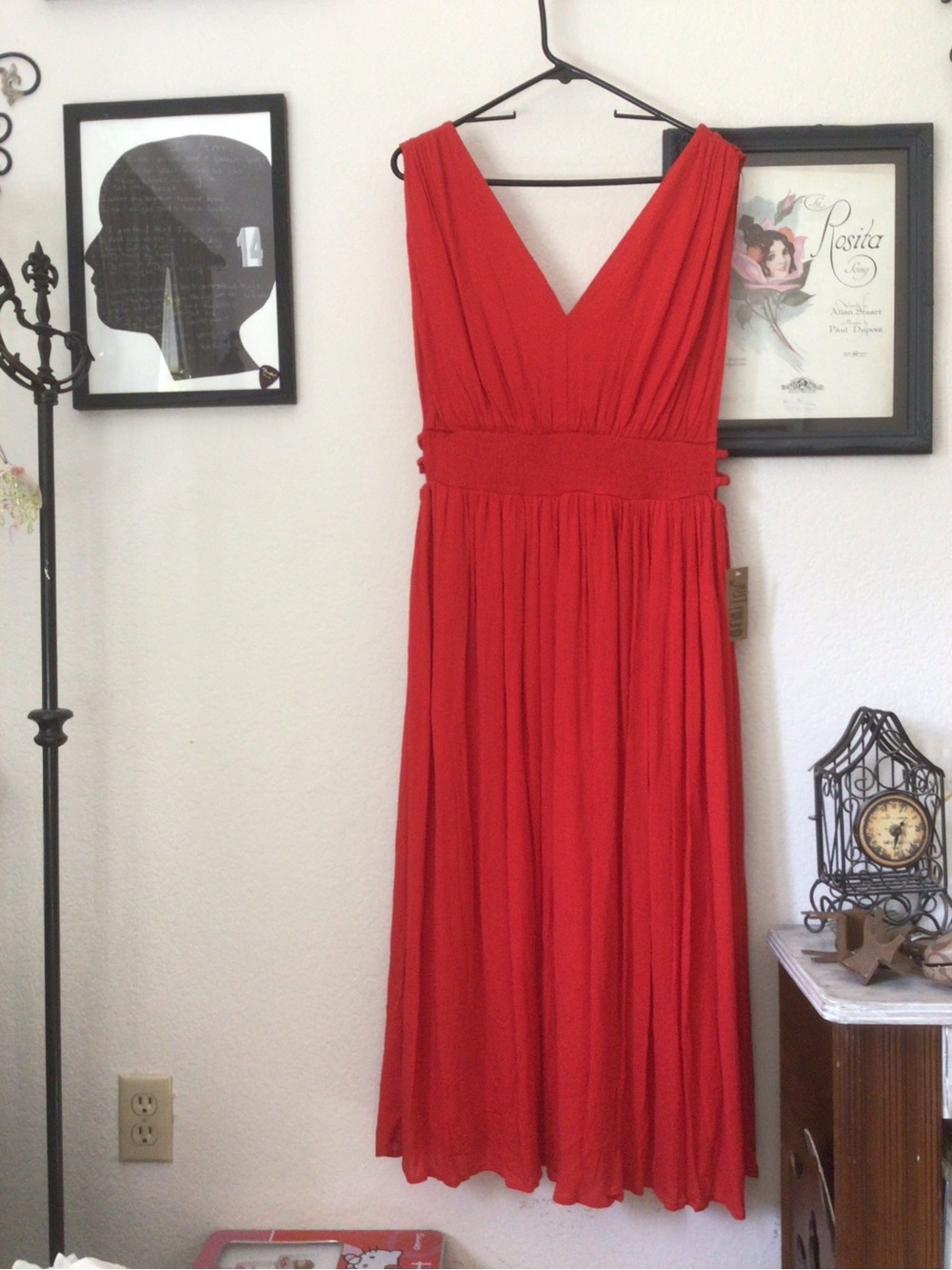 Red Greek Style Maxi Dress with Smocked Waist and open sides “ “ neck style